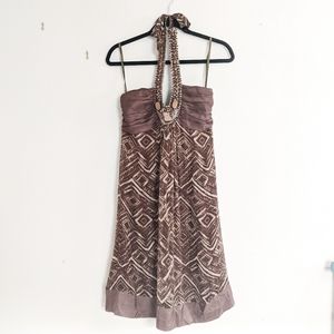 BCBG MaxAzria Brown Beaded Halter Midi Dress